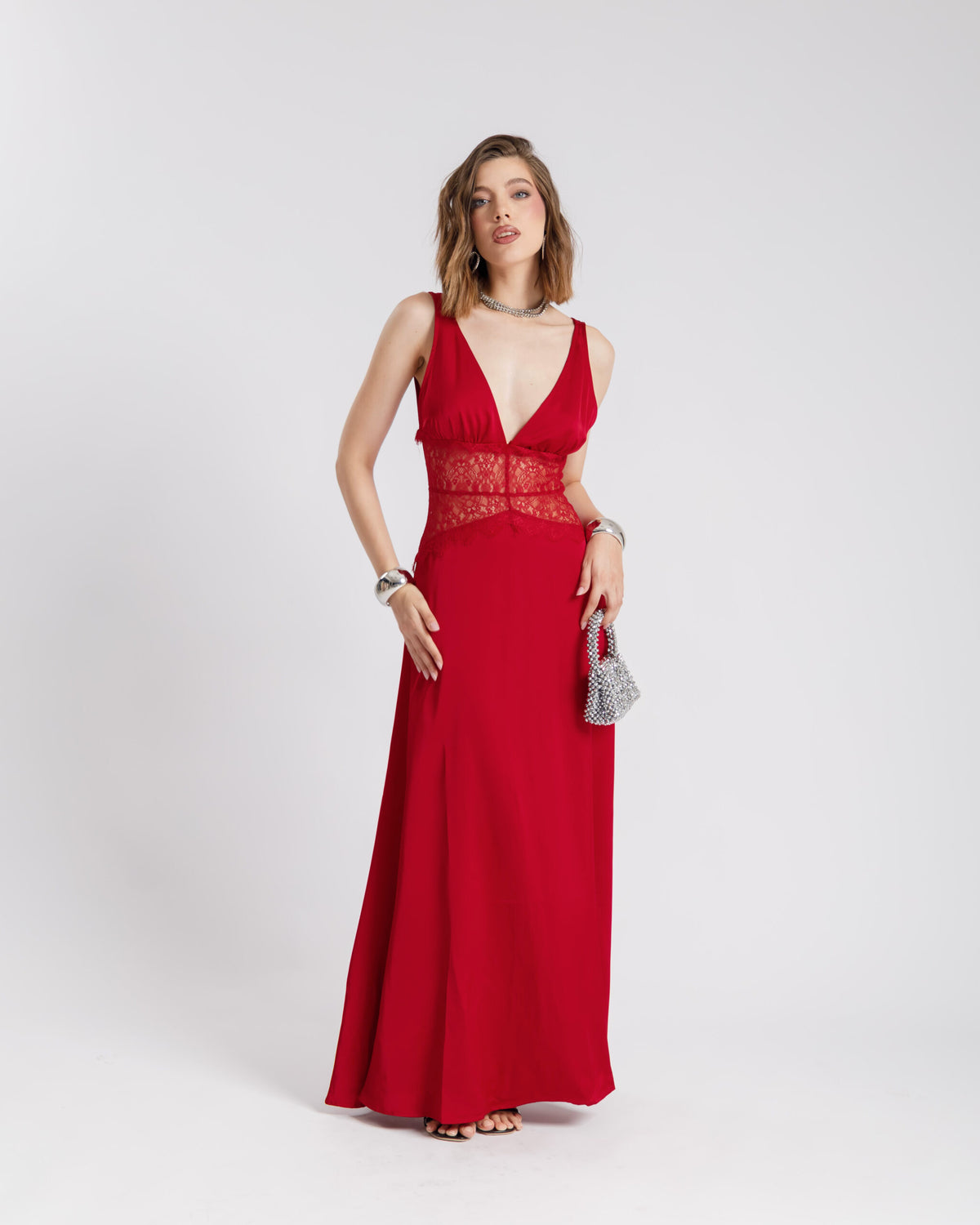 Abito lungo  satin e pizzo - U30522
