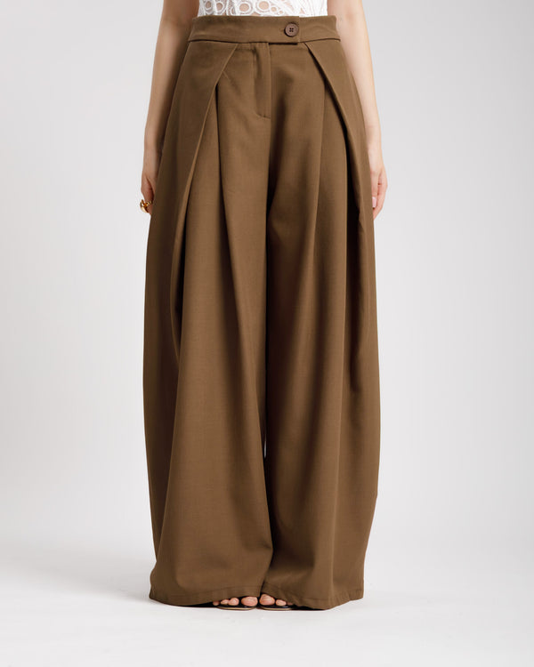 Pantaloni palazzo con pieghe MARRONE - KLL1