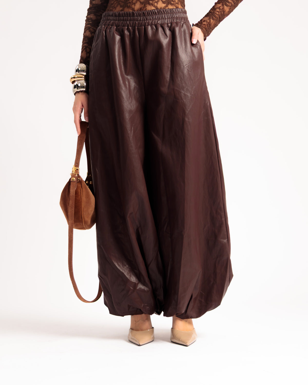 Pantalon ballon en similicuir MARRON - U70623