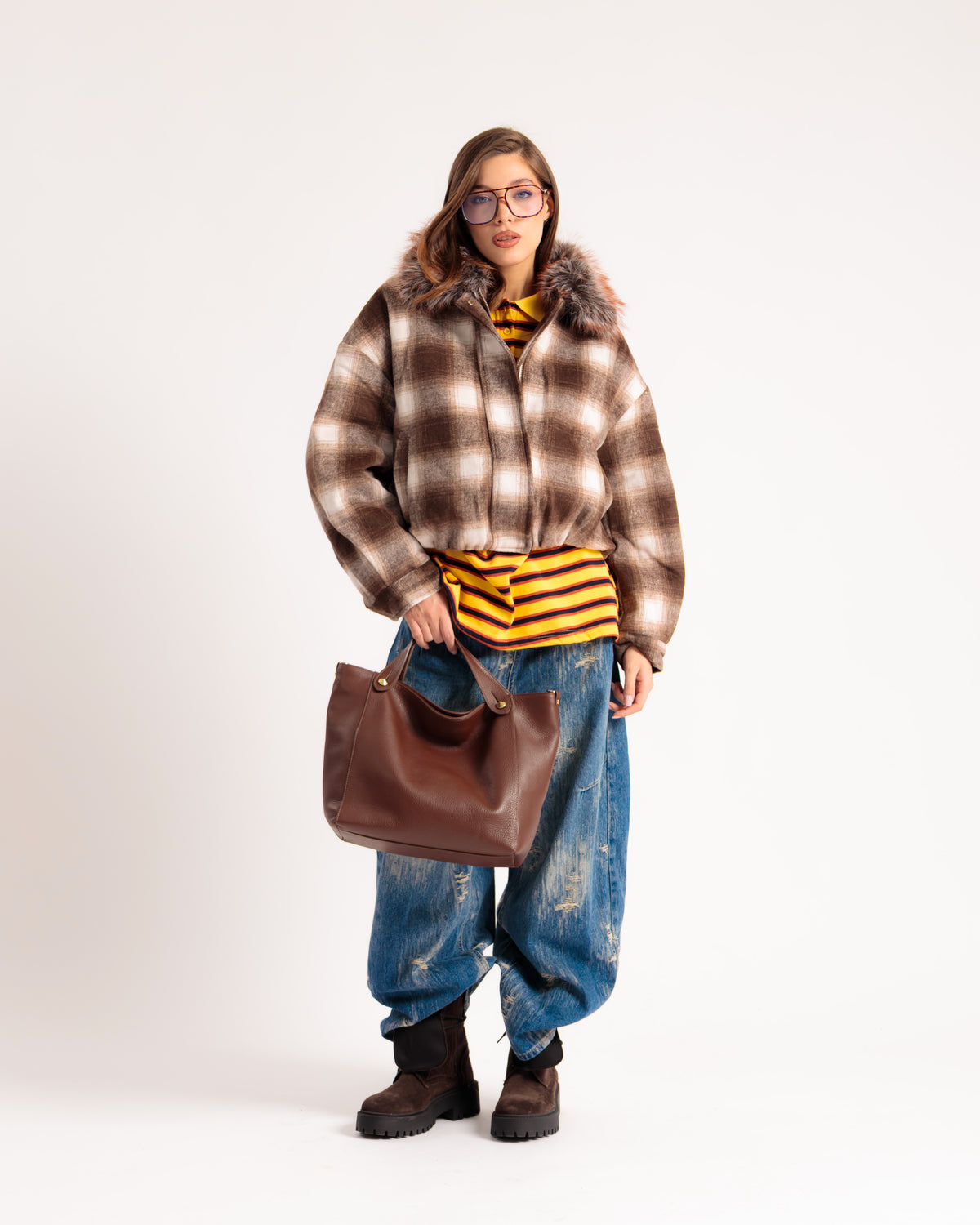 Bomber a quadri MARRONE - U90602